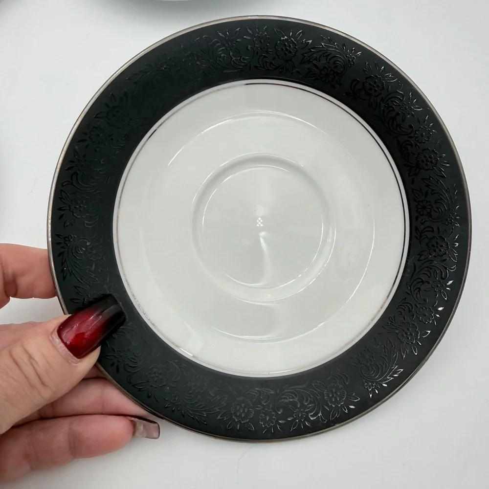 Noritake Mirano 6878 Saucer Set Black Floral Japan Vintage 6